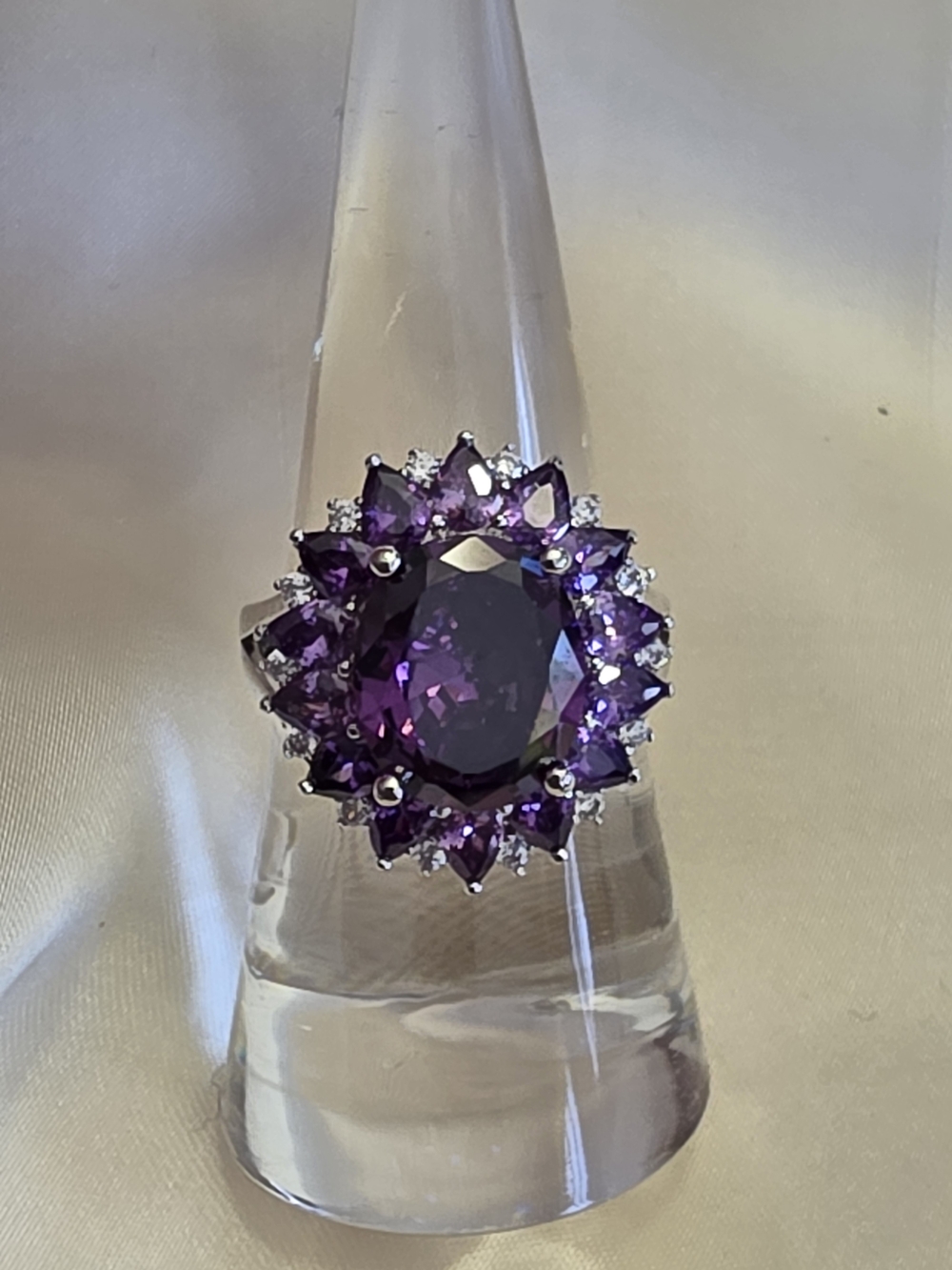 Simulated Amethyst And White Diamond Cluster Ring In Silvertone